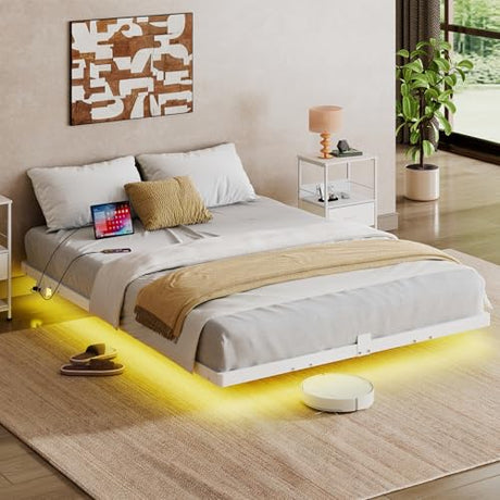 WLIVE Floating Queen Bed Frame, 1500Lbs Heavy Duty Metal Platform with LED Light and Charging Station, No Box Spring Needed, Easy Assembly, No Noise, Queen Size, Black, White WLIVE