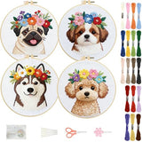 FREEBLOSS 4 Set Embroidery Kit Dog and Flower Stamped Embroidery Starter Kit with Step By Step Instructions, Colored Threads, 2 Hoops, Needlepoint Kits for Hand Craft Lovers Gift, 30cm/11.8inch