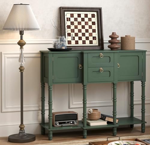 Topbele Green Entryway Table with Storge, Mid-Century Modern Console Table with 2 Drawers, Retro Narrow Long Behind Couch Sofa Table for Living Room, Foyer, Hallway Topbele