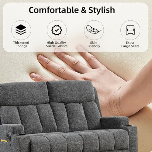 CANMOV Manual Recliner Sofa Set, Fabric Home Theater Seating with Side Pockets and Cup Holders, 2 Seat Reclining Couch for Living Room, Office, Dark Grey