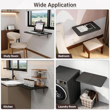 Neoaider Wall Mounted Folding Desk 23.6” x 15.7”, Drop Down Table with Metal Collapsible Brackets, Folding Wall Table for Small Spaces, Home, Office, Kitchen, Laundry Room-Black Neoaider