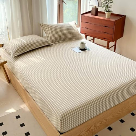 Tan Gingham Fitted Sheet Queen 100% Washed Cotton Taupe Plaid Queen Bed Sheet Grid Single Bottom Sheet with 15" Deep Pocket Gingham Bedding Grid Sheet 1 Piece Cotton Breathable Mattress Cover LifeTB
