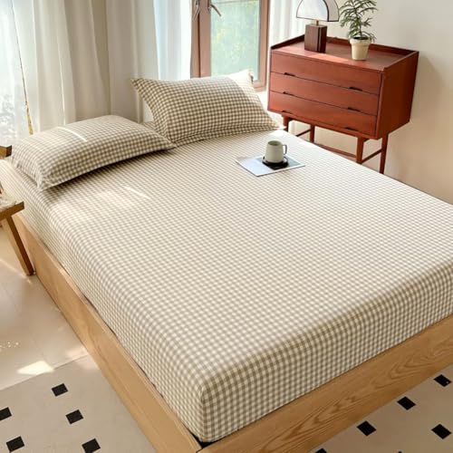 LifeTB Tan Gingham Fitted Sheet King 100% Washed Cotton Taupe Plaid King Bed Sheet Grid Single Bottom Sheet with 15" Deep Pocket Gingham Bedding Grid Sheet 1 Piece Cotton Breathable Mattress Cover LifeTB