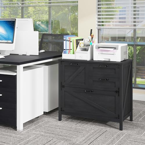 Lateral File Cabinet with 4 Drawers Farmhouse File Cabinet for Letter/Legal/A4 Size Hanging Files, Large Wood File Storage Cabinets Printer Stand for Home Office Cabinet, Black Halitaa