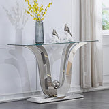 Henf Luxury Glass Console Table Modern 47" Slim Entryway Table with Silver Floral-Shape Stainless Steel Base and Clear Glass Top, Silver Sofa Tables for Living Room Hallway Corridor Office Henf