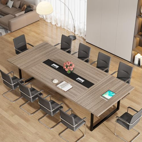 Tribesigns 8FT Conference Table, 94.49 L x 47.24 W x 29.53 H Inches Large Meeting Podcast Table for 10 People, Business Style Wooden Training Table with Strong Metal Frame for Office Conference Tribesigns