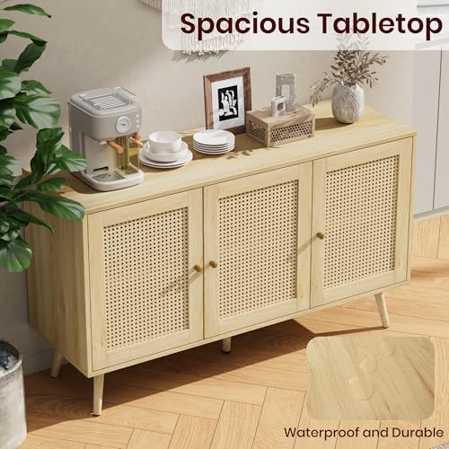 IDEALHOUSE 47.2" Rattan Sideboard Buffet Cabinet with 3 Doors, Boho Storage Cabinet with Adjustable Shelves, Console Table for Living Room, Dining Room, Entryway, Coffee Bar IDEALHOUSE