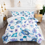 XYNHML Blue Sea Turtle Comforter 3Pcs Ocean Bedding Set Twin Coral Starfish Shell Fish Bedding Set for Kid Teen Girl Boy Adult Bed Decor Conch Manta Ray Quilt with 1 Comforter and 2 Pillowcases XYNHML