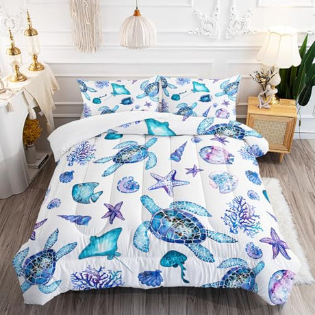XYNHML Blue Sea Turtle Comforter 3Pcs Ocean Bedding Set Twin Coral Starfish Shell Fish Bedding Set for Kid Teen Girl Boy Adult Bed Decor Conch Manta Ray Quilt with 1 Comforter and 2 Pillowcases XYNHML