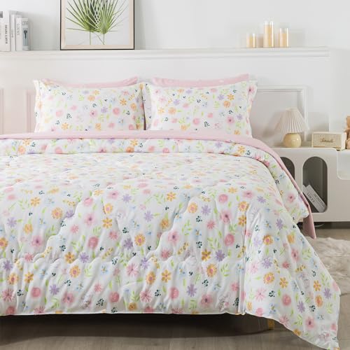 Wajade Floral Comforter Set Bed in A Bag Full Size 7 Piece Botanical Flower Green Leaves Rabbits Bedding Set for Girls (1 Comforter, 1 Flat Sheet, 1 Fitted Sheet, 2 Pillowcase and 2 Pillow Sham) Wajade