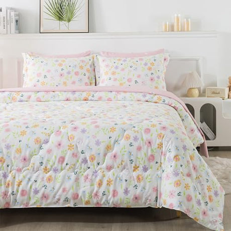 Wajade Floral Comforter Set Bed in A Bag Full Size 7 Piece Botanical Flower Green Leaves Rabbits Bedding Set for Girls (1 Comforter, 1 Flat Sheet, 1 Fitted Sheet, 2 Pillowcase and 2 Pillow Sham) Wajade