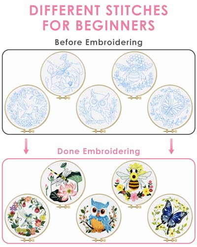 TINDTOP Embroidery Kit for Beginners Adult, Hummingbird Embroidery Kit for Beginners Include Embroidery Cloth Hoops Threads for Craft Lover Hand Stitch with Embroidery Skill Techniques TINDTOP