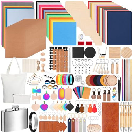 Tondiamo 356 Pcs Bulk Laser Engraving Supplies Blank Material Kit DIY Engraver Accessories Including Acrylic Glass Stainless Steel Wood Fabric PU Leather Rock Rubber Materials for Laser Cutters Tondiamo