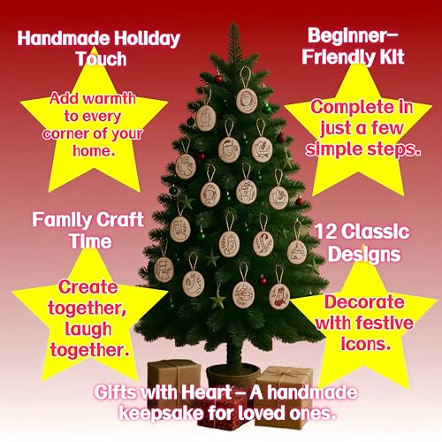 Christmas Embroidery Ornament Kit, 12PCS DIY Hand Embroidery Set for Beginners & Adults, Complete Holiday Craft Kit with Threads, Needles & Instructions, Festive Tree & Gifts Decor (Red)