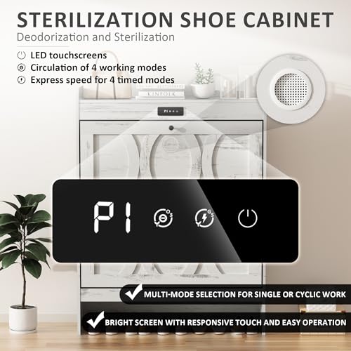 VFF Deodorizing Storage 2 Flip Drawers, LED Touchscreen Freestanding Organizer with Wooden Leg, Narrow Shoe Rack Cabinet for Hallway, Bedroom and Entryway, 31.5 x 9.5 x 41.57 inches, Rustic White VFF