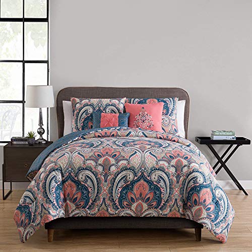 VCNY Home - King Comforter Set, 5-Piece Reversible Bedding with Matching Shams & Pillows, Paisley Room Decor (Casa Re'al Coral, King) VCNY Home