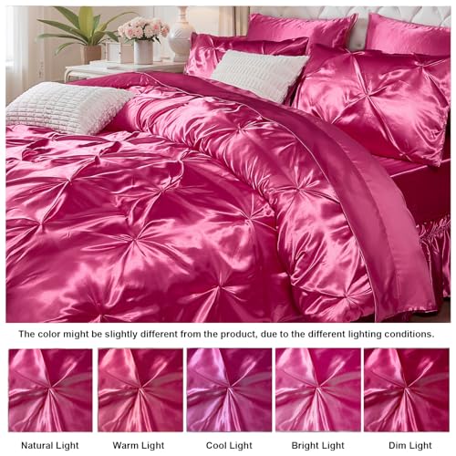 Bedbay Hot Pink Comforter Set,Satin Queen Comforter with Sheets,Bed in a Bag Queen,Pinch Pleat Bedding Set,Hot Pink Pintuck Luxury Bed Set 10 Pcs,Soft Lightweight Silk Like Satin Bedding Set Bedbay