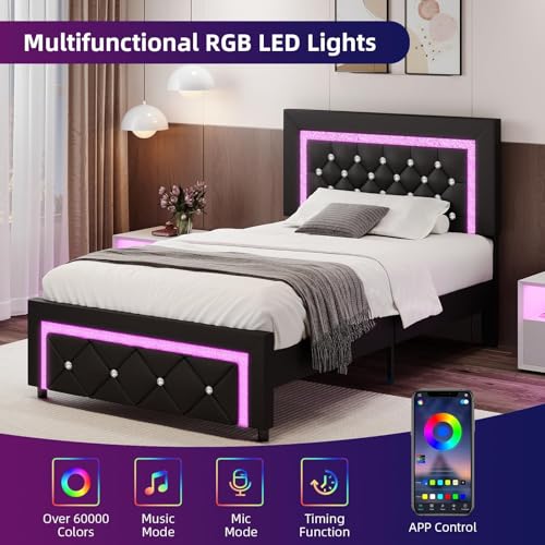 BarnFurin Twin Bed Frame with LED Lights, Upholstered Platform Bed with Diamond Tufted Headboard, No Box Spring Needed, Noise Free, Easy Assembly, Black BarnFurin