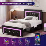 BarnFurin Twin Bed Frame with LED Lights, Upholstered Platform Bed with Diamond Tufted Headboard, No Box Spring Needed, Noise Free, Easy Assembly, Black BarnFurin