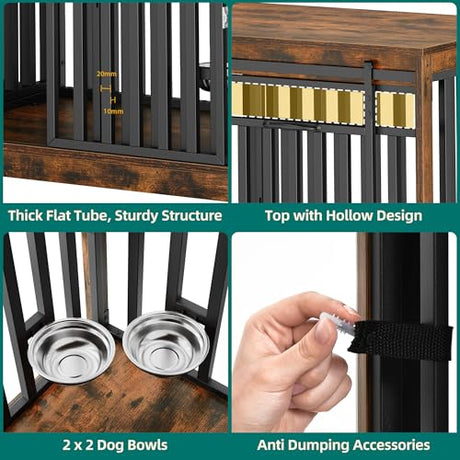 YITAHOME 71 Inch Double Dog Crate Furniture for 2 Dogs, Heavy Duty Wooden Dog Crate TV Stand with 4 Dog Bowls, Dog Kennel Indoor Furniture Sliding Barn Door Design for Extra Large Dogs, Rustic Brown YITAHOME