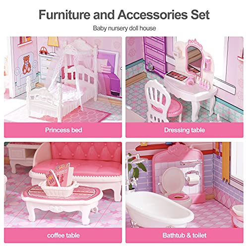 ROBUD Wooden Dollhouse, Doll House Playset with 24-pcs Exquisite Accessories, Working Elevator, Gift for Ages 3+