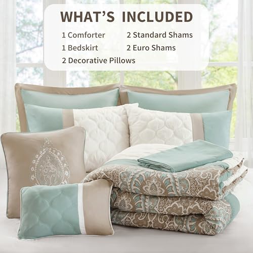 510 DESIGN Luxe Quilted Comforter Set Modern Transitional Design, All Season Down Alternative Warm Bedding Matching Shams, Bedskirt, Decorative Pillow, King, Shawnee Scrollwork Seafoam 510 DESIGN