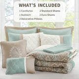 510 DESIGN Luxe Quilted Comforter Set Modern Transitional Design, All Season Down Alternative Warm Bedding Matching Shams, Bedskirt, Decorative Pillow, King, Shawnee Scrollwork Seafoam 510 DESIGN