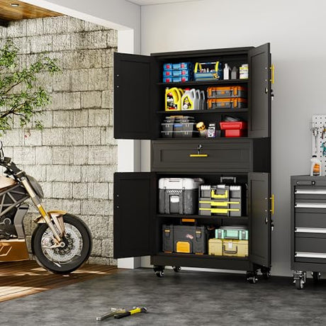 winiowa 71" Tall Metal Garage Storage Cabinet with Wheels and Locking Doors, Locking Rolling Tool Cabinet with Drawer and 3 Adjustable Shelves for Garage,Home,Office (Black) winiowa