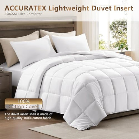 ACCURATEX Lightweight Duvet Insert Queen Size - 100% Cotton Shell, 250GSM Filling Summer Down Alternative Comforter,Ultra-Soft&Breathable, Thin Quilted Duvet Insert with 8 Tabs, Machine Washable,90x90 ACCURATEX