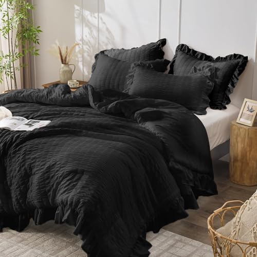 JOLLYVOGUE Black Twin Size Comforter Set, 2 Pieces Seersucker Lightweight Fluffy Bedding Set, Twin Ruffle Comforter, All Season Soft Microfiber Shabby Chic Bed Set JOLLYVOGUE