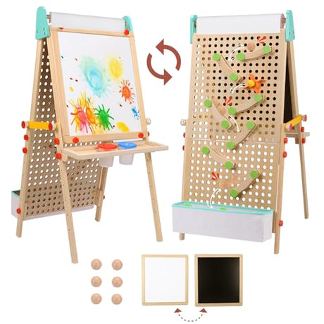 WINGYZ Kids Easel Wooden Marble Run for Kids 3-7, 4-in-1 Toddler Art Easel for Kids 2-4 Painting Station Stand Drawing, Double-Sided 6 Heights Black Chalkboard Magnetic Whiteboard Paper Roll Holder wingyz
