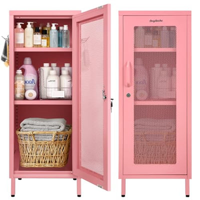Metal Storage Cabinet, 39.37" H Small Pink Metal Locker Cabinets with Lockable Mesh Door and Handle, 2 Adjustable Shelves, 2 Pegboards & 6 Hooks for Home, Office, Bedroom, Kitchen, Assembly Required