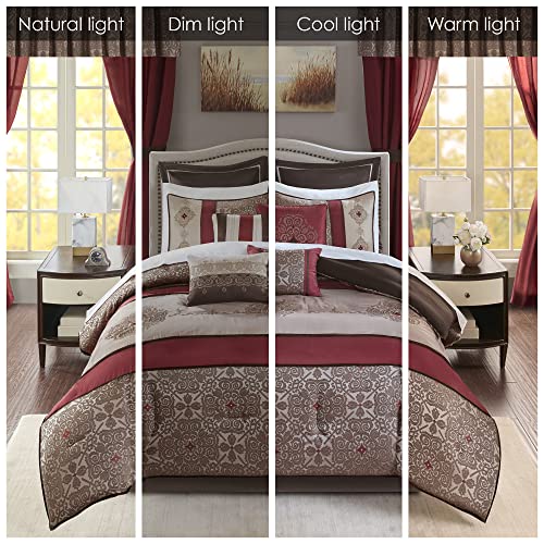 Madison Park Essentials Delaney 24-Piece Room In A Bag Comforter Set-Satin Jacquard, All Season Luxury Bedding, Sheets, decorative pillows and Curtains, Valance, King(104"x92"), Medallion Red Madison Park