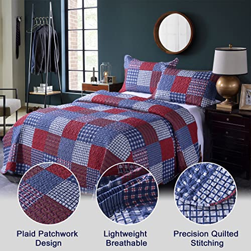 Jessy Home Plaid Quilt Set Twin Bedspread Coverlet Set Red Blue White Patchwork Twin Size Quilt Set Bedding Soft Lightweight Quilts Coverlet Country Reversible Quilt Bed Spread with 2 Pillow Shams Jessy Home