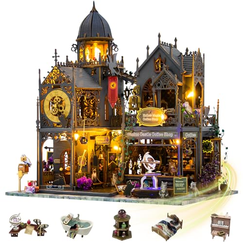 Mostop DIY Miniature House Kit: 3D Wooden Puzzle for Adults Miniature Kit, Magic Castle Tiny Model Dollhouse Kit with LED Light, Mini House Building for Adults & Teens, Creative Crafts for Women