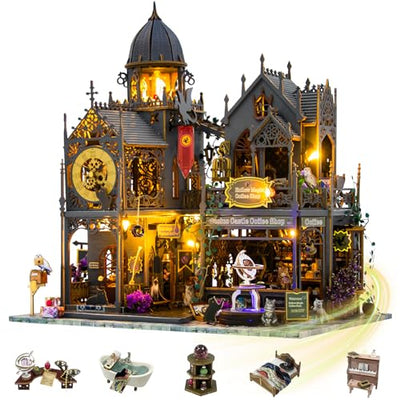 Mostop DIY Miniature House Kit: 3D Wooden Puzzle for Adults Miniature Kit, Magic Castle Tiny Model Dollhouse Kit with LED Light, Mini House Building for Adults & Teens, Creative Crafts for Women