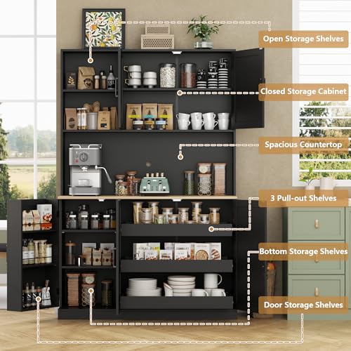 71" Tall kitchen Pantry Storage Cabinet, Modern Kitchen Hutch with 3 Pull-out Drawers, Kitchen Pantries with Microwave Stand & Door Shelf, Food Pantry with Adjustable Shelves for Dining Room (Black) Gyfimoie