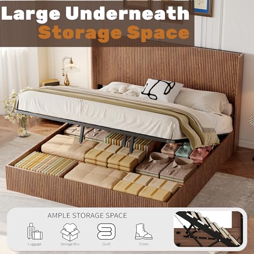 MoproBeti Lift Up Storage Bed King, Mid Century Hydraulic Lift King Storage Bed with Raised Wingback Headboard, Space Saving Storage, Heavy Duty Steel & Wood Slats,No Box Spring Needed,Natural MoproBeti