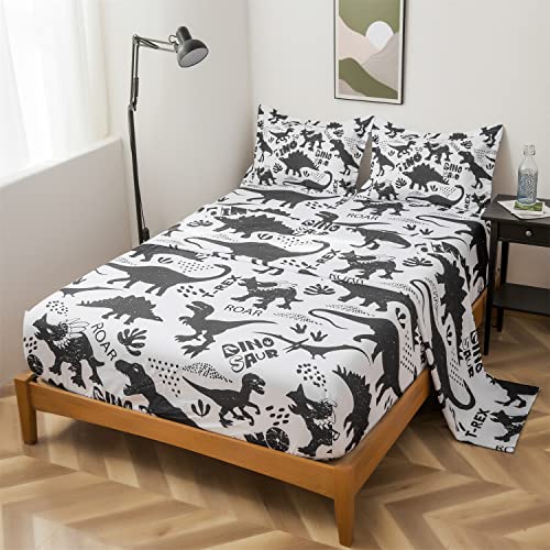 lishjekee Dinosaur Sheet Set Full for Boys 4 Pieces Black White Dinosaur Sheets Kids Bedding Set T-Rex Dino Fitted Sheet Animal Bed Set with 1 Flat Sheet 1 Fitted Sheet 2 Pillowcases Home Decor lishjekee