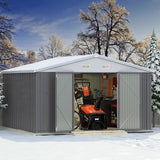 Greesum 10×10FT Outdoor Storage Shed, Metal Patio Storaged Sheds with Lockable Doors, Sheds & Outdoor Storage for Bike, Backyard, Pool and Garden, Gray Greesum