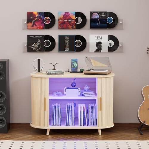 KSOBEBVT Record Player Stand with Vinyl Storage - Turntable Stand with Record Storage, Vinyl Record Stand Table, Media Cabinet w/Charging Station, LED Lights & Sliding Door (Natural, 39") KSOBEBVT