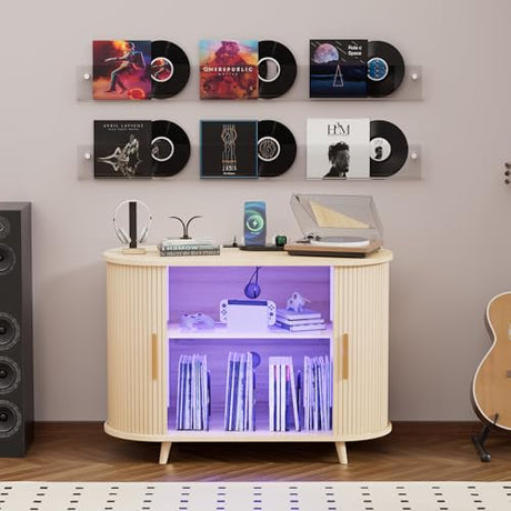 KSOBEBVT Record Player Stand with Vinyl Storage - Turntable Stand with Record Storage, Vinyl Record Stand Table, Media Cabinet w/Charging Station, LED Lights & Sliding Door (Natural, 39") KSOBEBVT