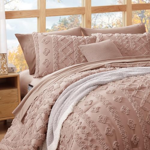 WRENSONGE Full Size Comforter Set with Sheets - 7 Pieces Rusty Pink Tufted Bed in a Bag Full Shabby Chic Bedding Sets with 1 Comforter, 2 Sheets, 2 Pillowcases & 2 Shams WRENSONGE