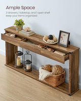 VASAGLE Sofa Console Table, 63 Inches Narrow Entryway Table with 3 Drawers, Bottom Shelf, Metal Corners, for Living Room, Bedroom, Farmhouse Style, Honey Brown ULNT146KB01S VASAGLE