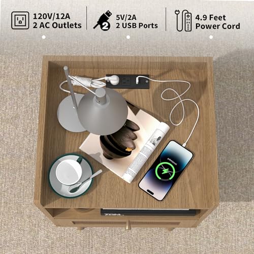 MECHYIN Rattan Nightstands, Bedside Tables with Charging Station, Rattan Drawers Nightstands, Rattan End Table with Solid Wood Feet, Side Table Nightstands sets for Bedroom - Natural MECHYIN