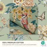 Bedsure 100% Cotton Reversible Floral Duvet Cover King Size - Flowers and Birds Pattern Printed Comforter Cover with Zipper Closure & 2 Pillow Shams, Comforter Sold Separately (Green Garden, 104"x90") Bedsure