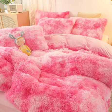 SUCSES Pink Fluffy Duvet Cover Set Twin Size Plush Shaggy Faux Fur Bedding Set for Girls Kids Teens Colorful Tie Dye Rainbow Furry Pink Comforter Cover Set (Hot Pink, Twin) SUCSES