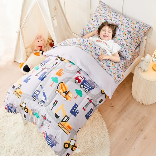 lasoftan Construction Toddler Bedding Set for Boys, 4 Piece Bed-in-a-Bag Toddler Comforter Sets, Excavator, Cars Printed, Super Soft and Comfortable Microfiber Todeeler Bed Set lasoftan