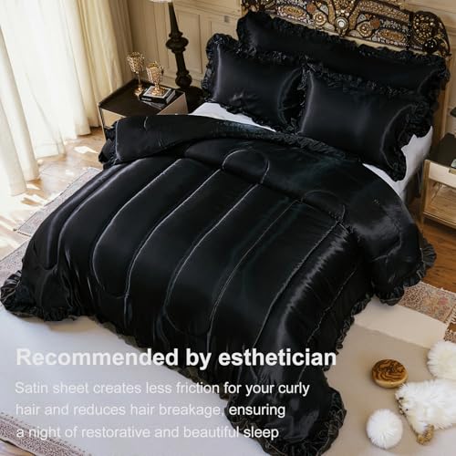 Satin Queen Comforter Set Silk Like Satin Bedding Set Hotel Soft Polyester Black Bed Set Luxury Silky Pillow Cover with Quilt Set Ruffle Down Comforter Home Decor Bedding_Dreamer
