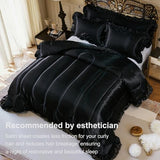 Satin Queen Comforter Set Silk Like Satin Bedding Set Hotel Soft Polyester Black Bed Set Luxury Silky Pillow Cover with Quilt Set Ruffle Down Comforter Home Decor Bedding_Dreamer